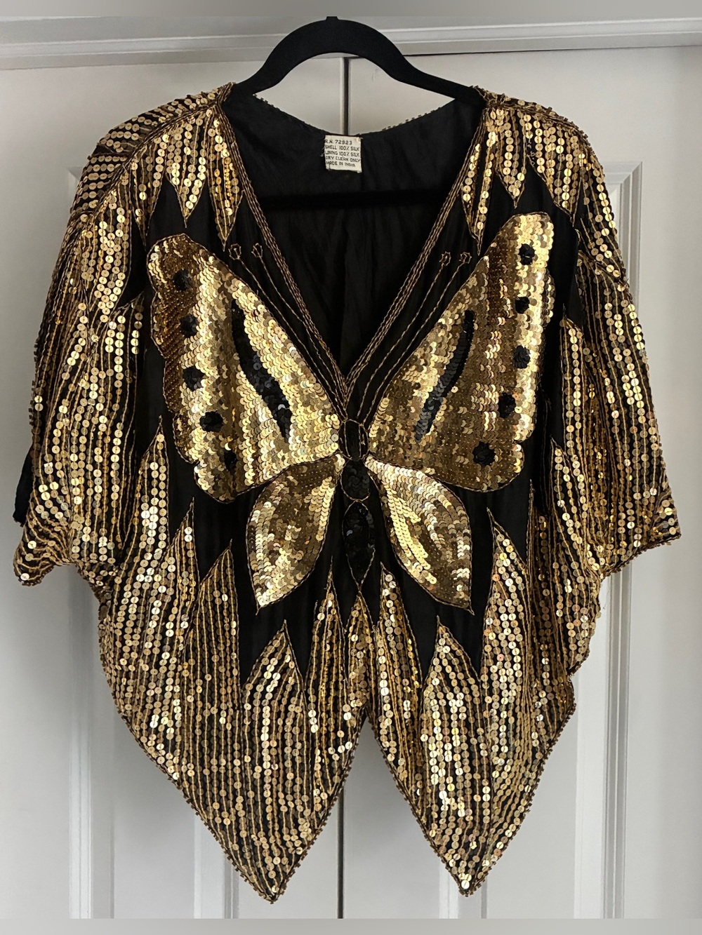 Vintage 100% Silk 1970s/1980s Gold & Black Sequined Butterfly Batwing Disco Top